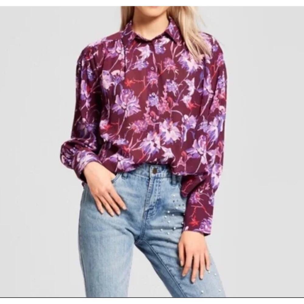 Who What Wear Blouse Floral Puff Long Sleeve Purple Womens Small